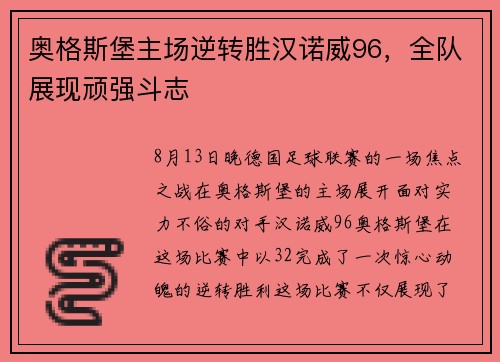 奥格斯堡主场逆转胜汉诺威96，全队展现顽强斗志